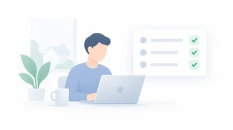 Ilustración conceptual de una persona teletrabajando que aporta información sobre su puesto mediante una lista de comprobación.