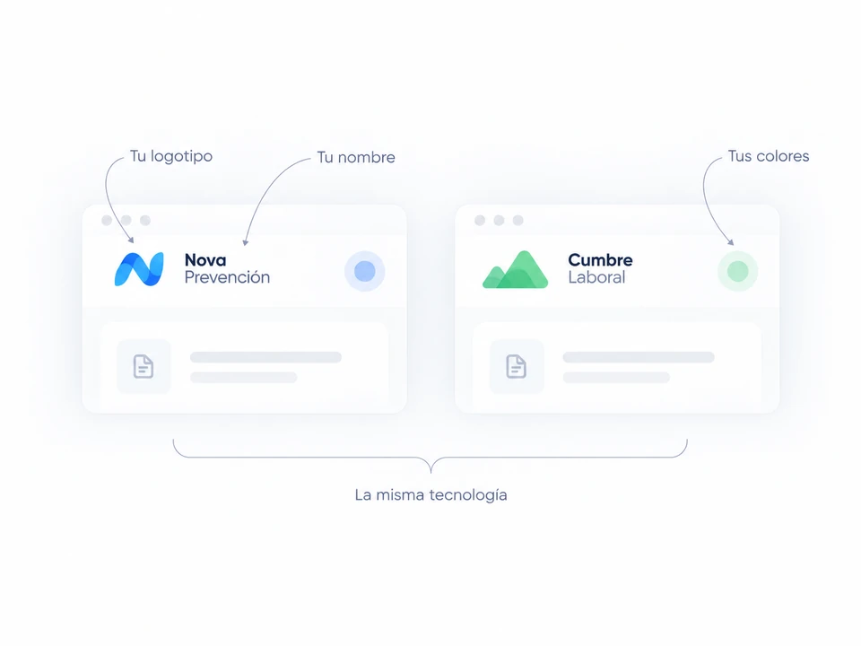 La misma solución con distinto logotipo, nombre y colores de organización.